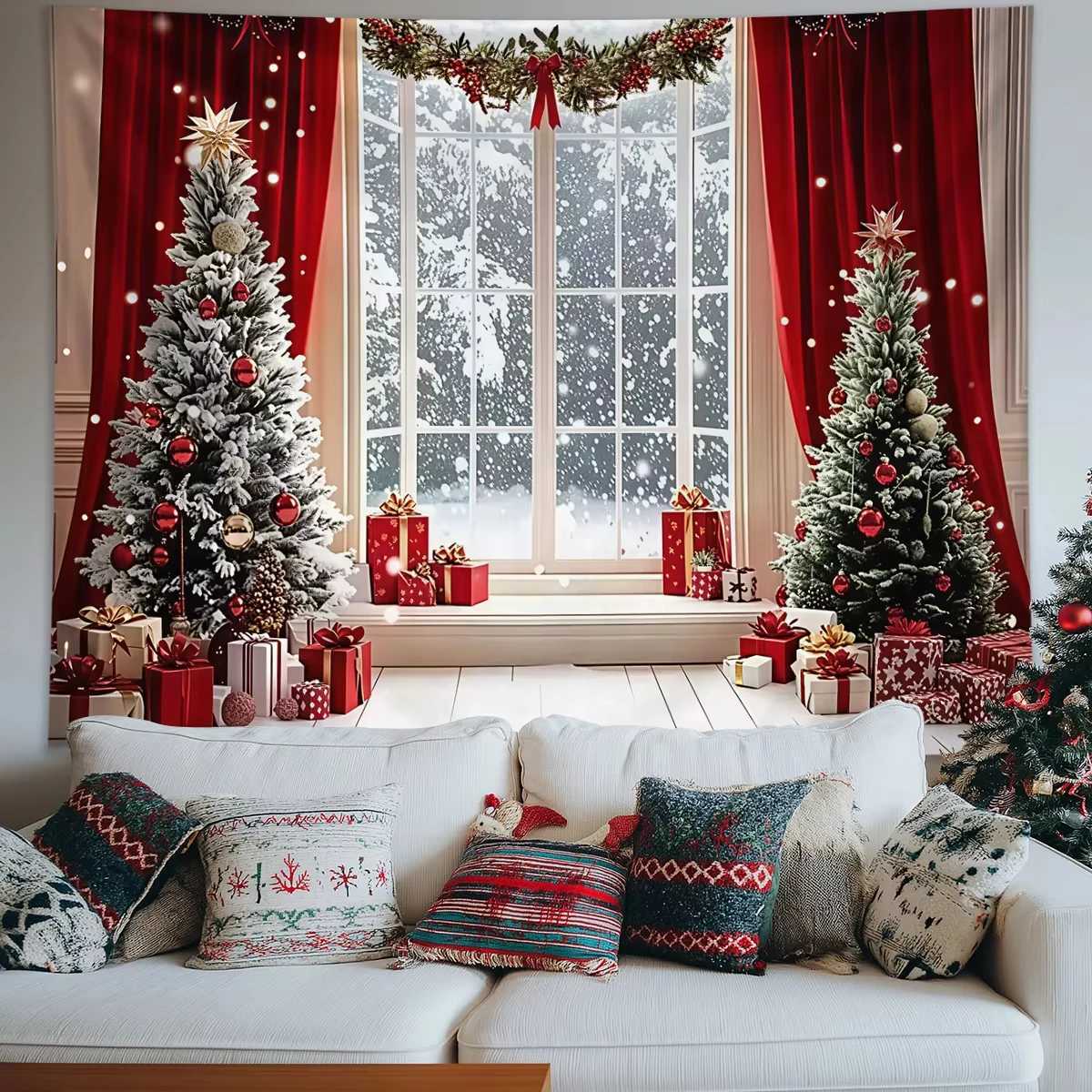 Christmas tree window tapestryChristmas background decorationhighdefinition printingfor room decorationdurable polyester giftM251125