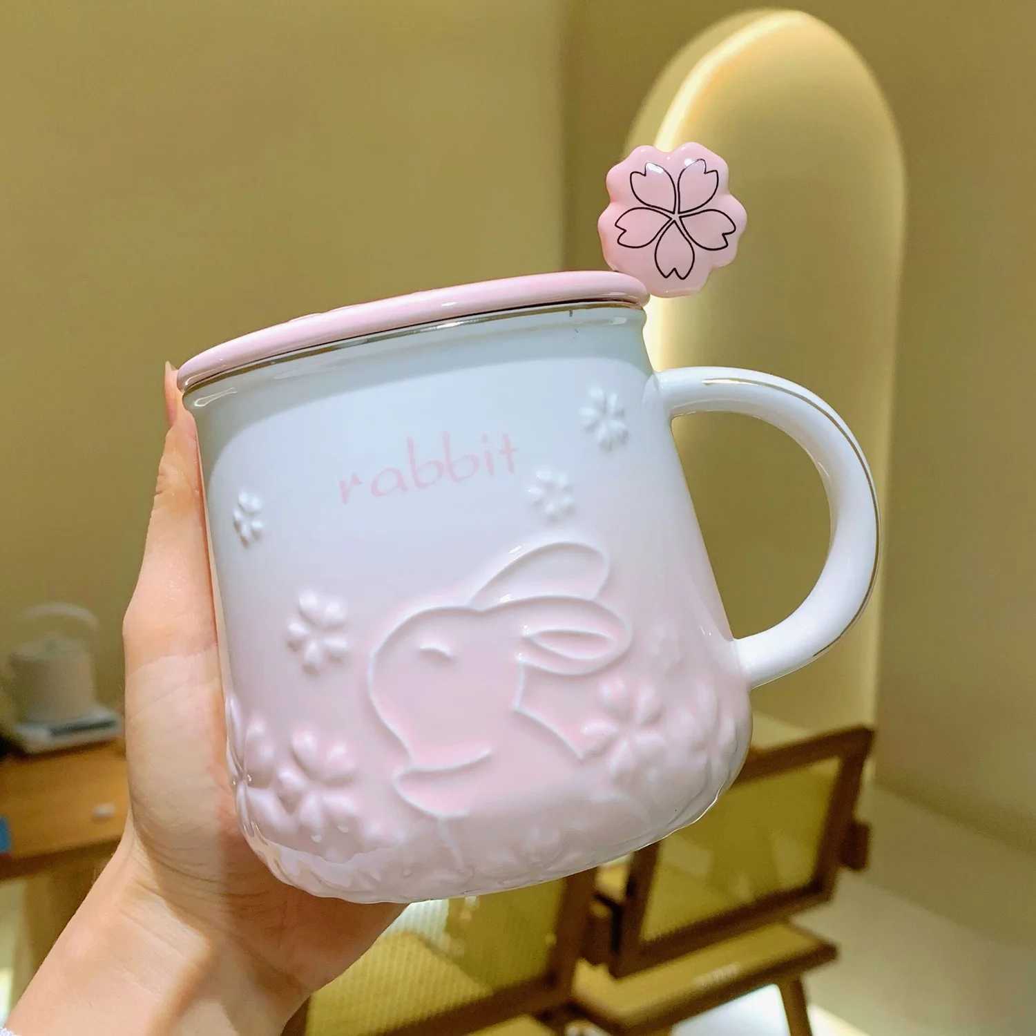 Rabbit Sakura Pattern Ceramic Tea Coffee Cups Juice Breakfast Mugs Simple Home Handheld Type Milk Coffee Mugs Home Accessories Y251125