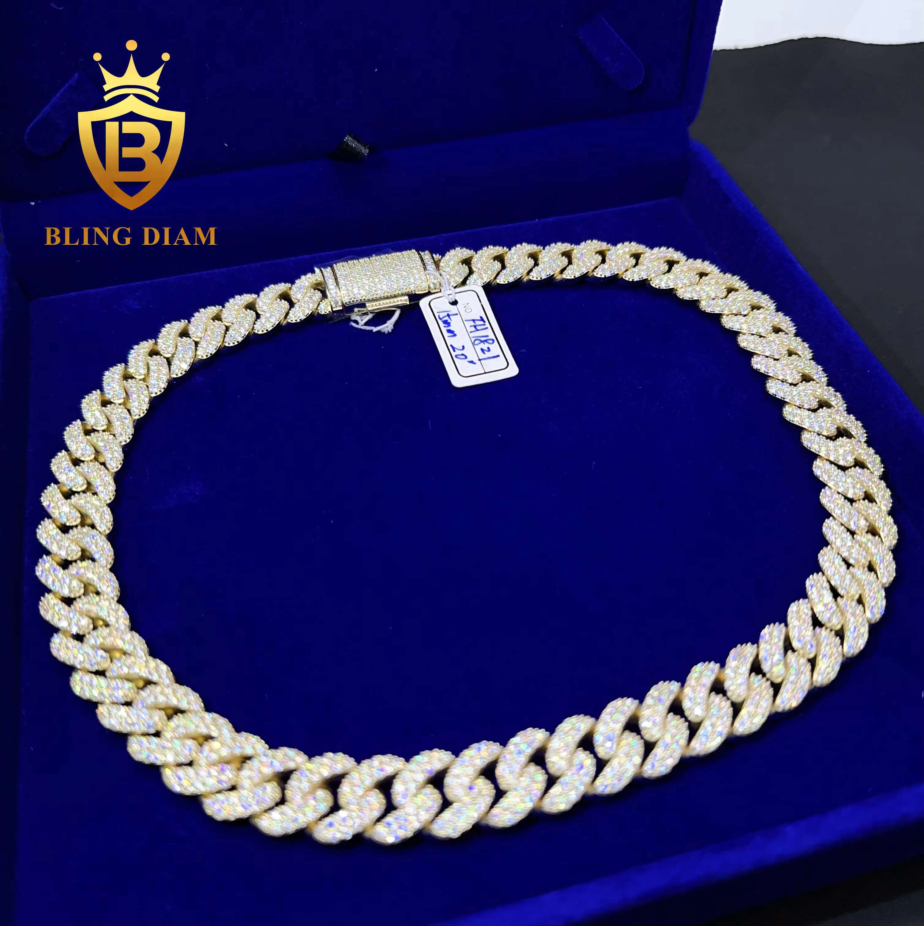 Factory Price 15mm Iced Out Miami Hip Hop Chain 10k Gold Plated Silver VVS Moissanite Diamond Cuban Link Chain