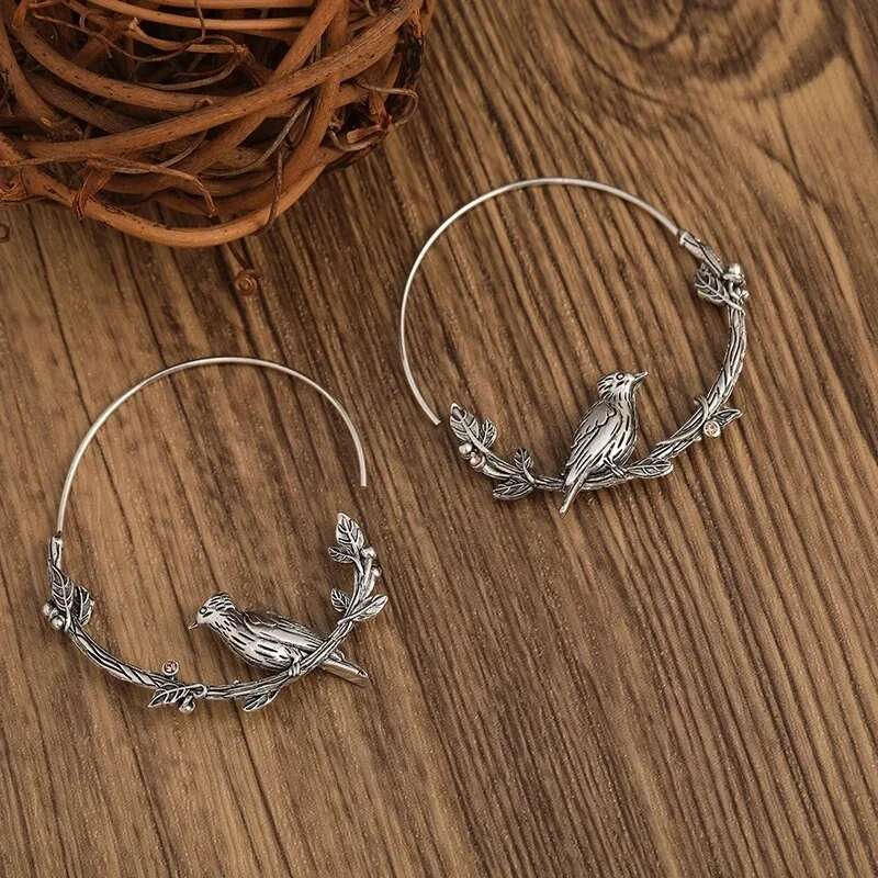 Vintage Animal Bird Leaf Round Sier Color Drop Earrings For Women Gift Jewelry