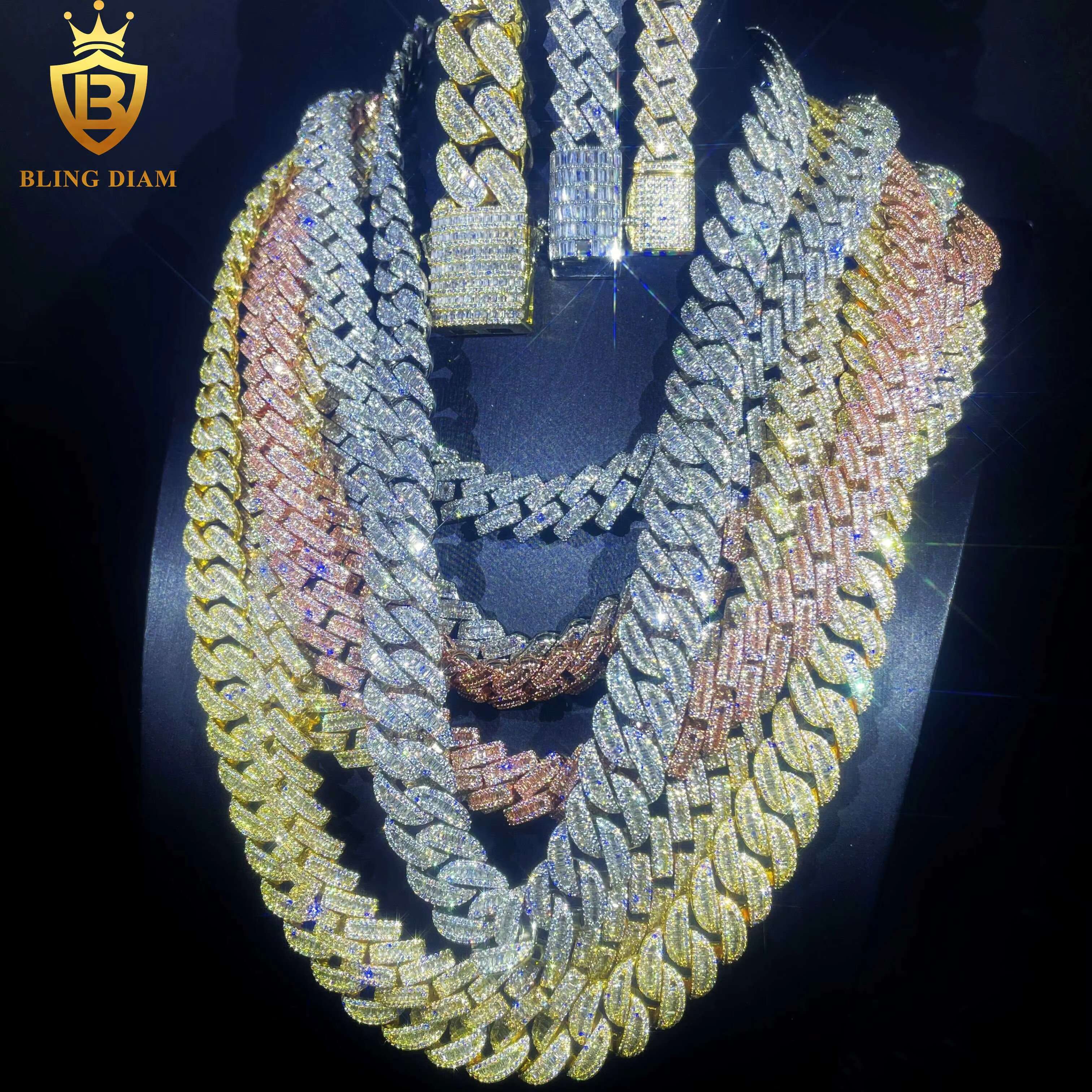 Blingdiam Jewelry Fashion Cuban Chain Necklace 12mm 14mm 15mm 20mm 5A+ Moissanite Diamond Cuban Link Chain