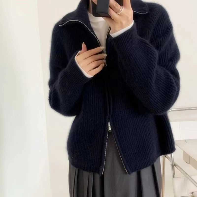 Zippered Lapel Cashmere Sweater Womens Thickening Cardigan Loose 100 Wool Jacket Korean Version Fashion Knitted Sweater TopT251125