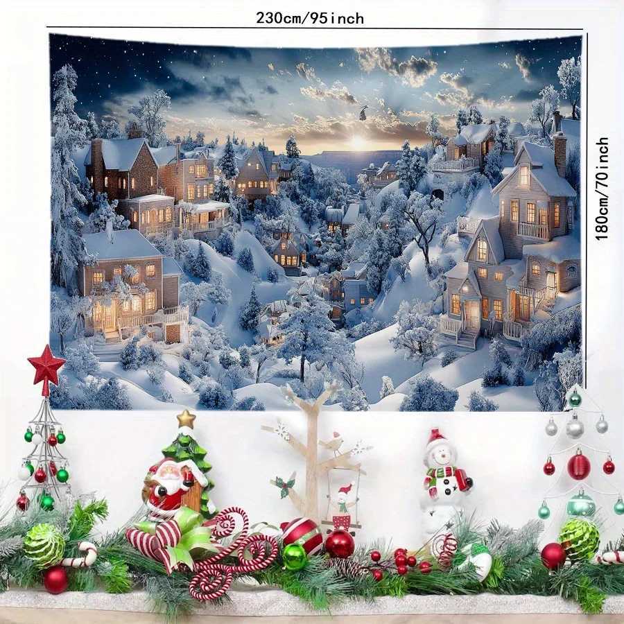 Christmas Landscape Tapestry Festive Wall Decor Snowy Village Design Multi-Use Holiday Banner for Home Kitchen PartyM251125