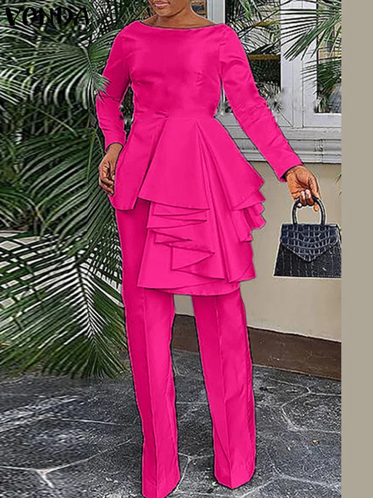 Plus Size Vonda Womens Ruffle Set Fashion Solid Color Set Long Sleeve Irregular Top Patch Set 2 pieces 250422
