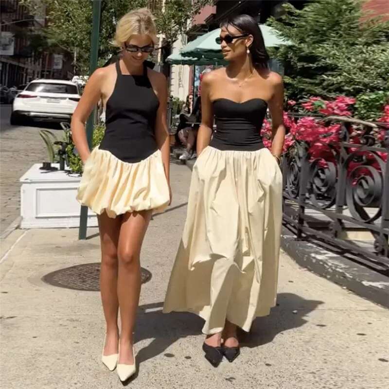 Dongdumaoyi Townlike Patchwork Pleated A Line Dress Women Midi Long Strapless Summer Backless Nightclub Sexy Party Dresses