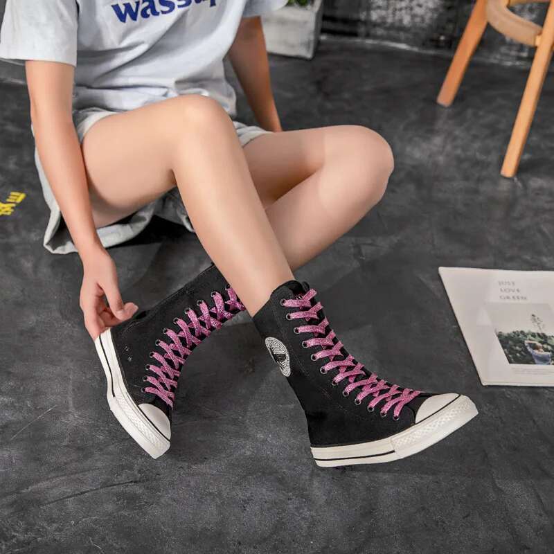 Spring and Autumn New Medium Sequin Color Lace-up Rhinestone Canvas Soft Sole Flat Casual Daily Large Size Women's Shoes