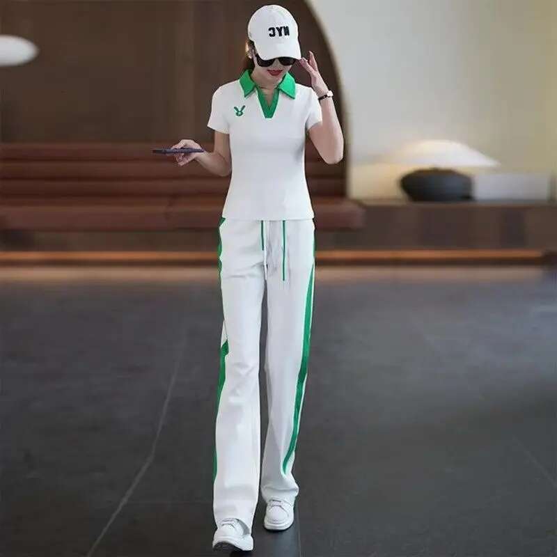 Women's Casual Sports Suit 2025 New Summer Spring Style Clothes Fashion Short Sleeve Lapel T-Shirt Wide Leg Pants Two Piece Set