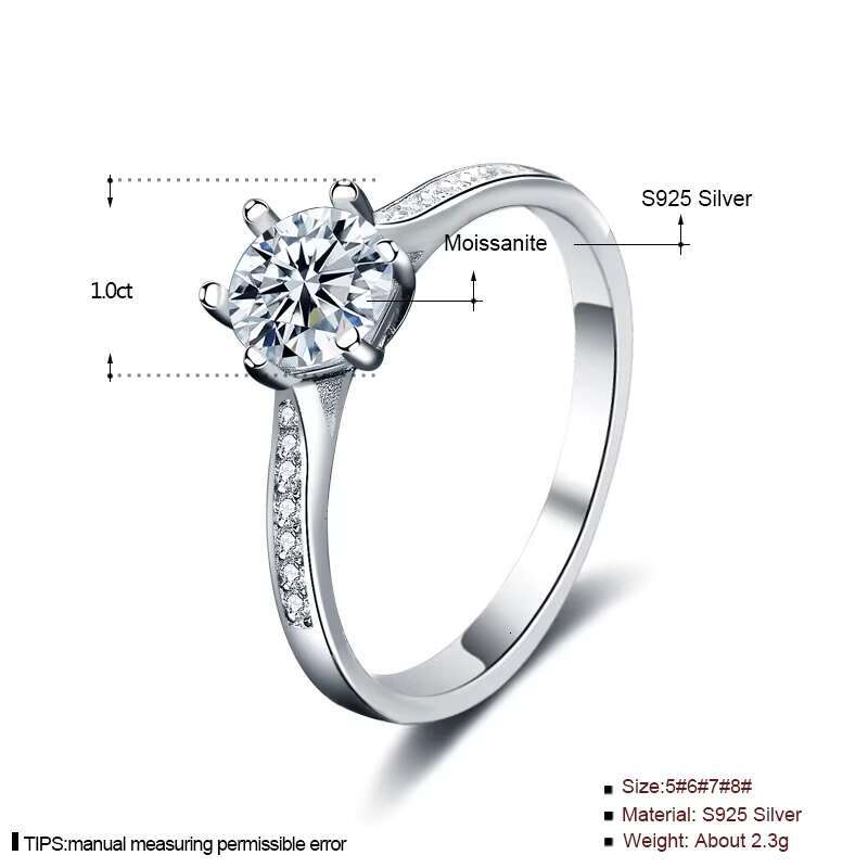 Claissc 1.0 Ct D Color Pass Diamond Test Excellent Cut Moissanite 6 Prong Ring 925 Silver Moissanite Rings Women Jewelry