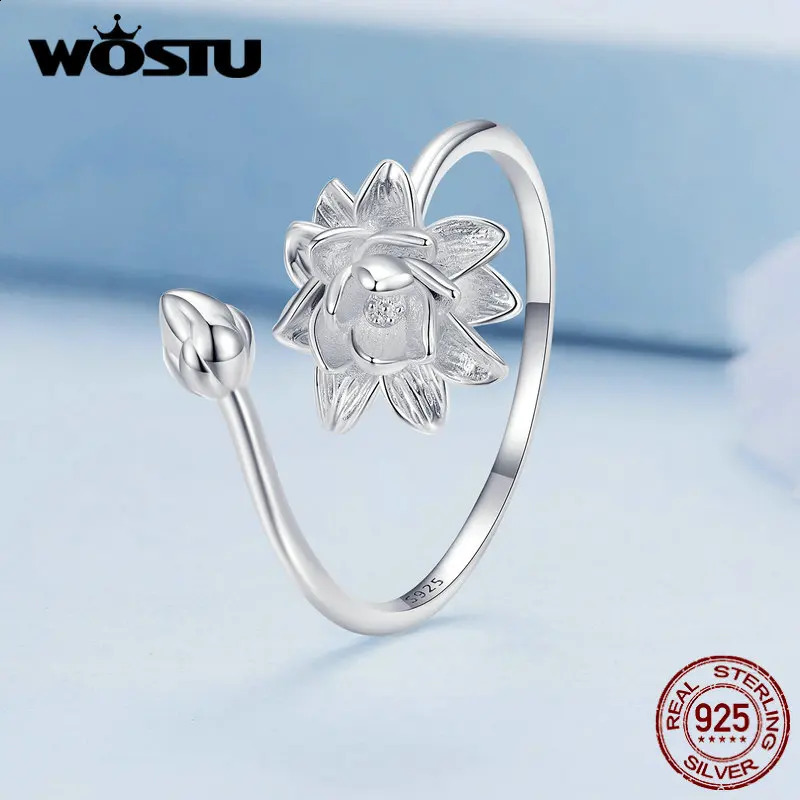 WOSTU Real 925 Sterling Silver Unique Lotus Open Rings For Women Blue Enamel Statement Flower Ring Wedding Party Jewelry Gift 250425