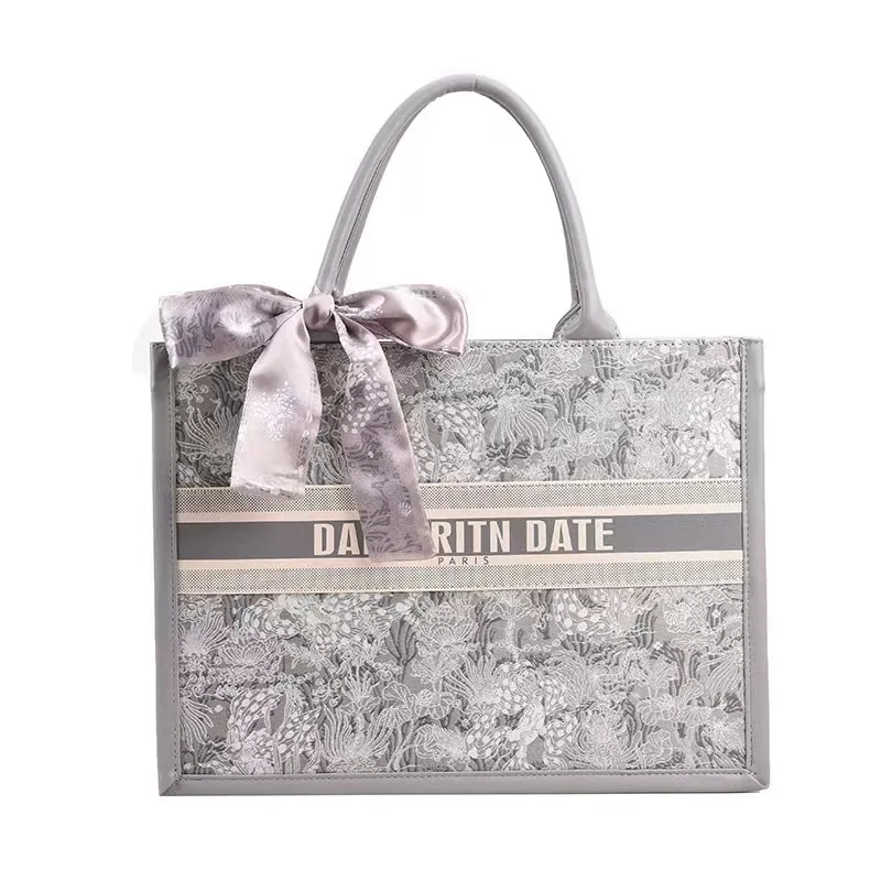 free shipping designer shoulder bags casual handbag Embroidery fashionable Tote bag for women 2025 new style grey