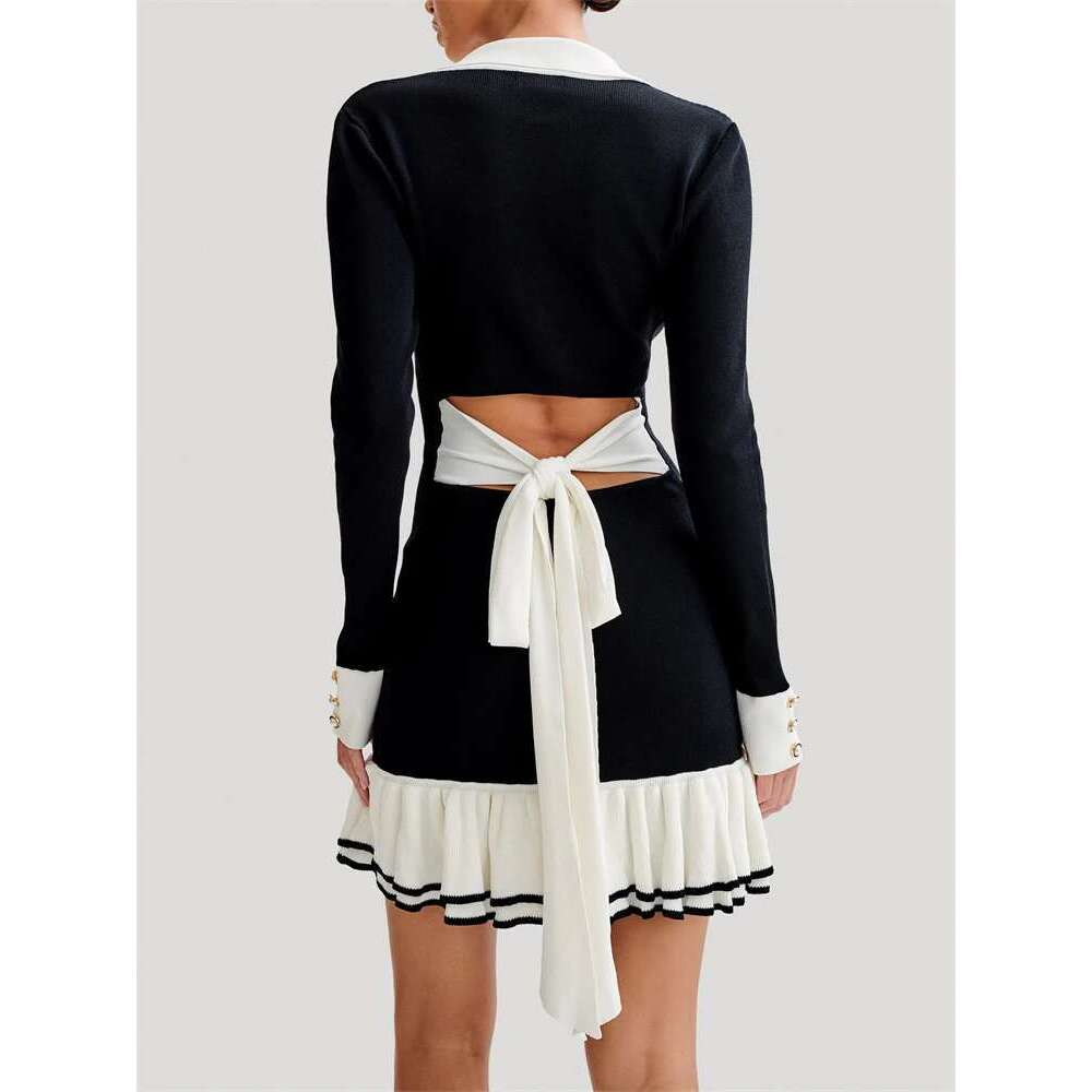 Ruffled Bow Knit Mini Women's Summer Backless Contrast Cardigan Lace-Up Elegant Female Knitwear Bandage Dress