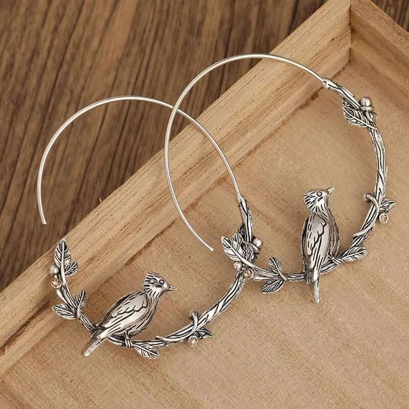 Vintage Animal Bird Leaf Round Sier Color Drop Earrings For Women Gift Jewelry