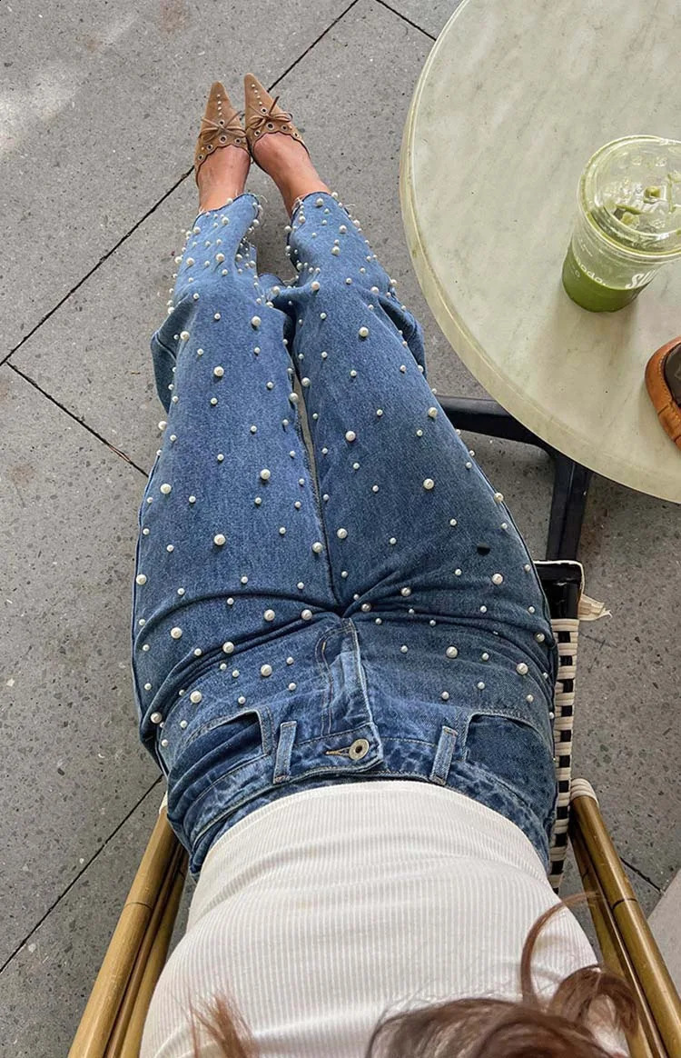 Jeans denim pants beaded high waisted casual straight Y2k streetwear elegant patchwork mom jeans 250417