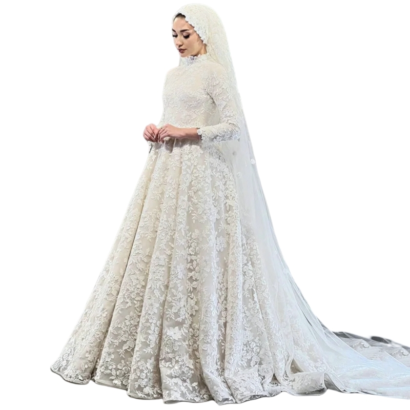 Modest Muslim Lace Wedding Dresses High Neck Long Sleeves Arabic Dubai Islamic Bridal Gown Court Train A-Line Robe De Mariee Vestido De Novia