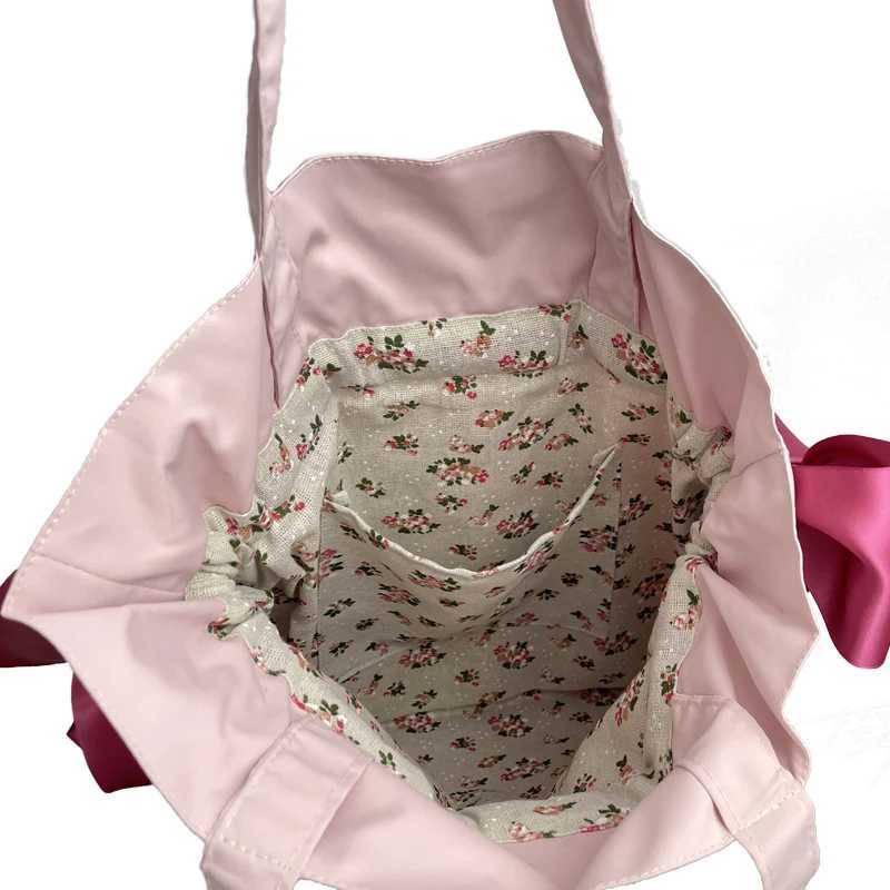 Womens canvas shoulder bag Korean version cute girl bow handbag student fashion large capacity reusable school shopping bag W250421