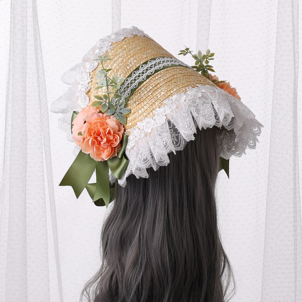 Victorian Bonnet Straw Hat for Women Cosplay Headpiece Flowers Lace Ribbon Flat Cap 250420