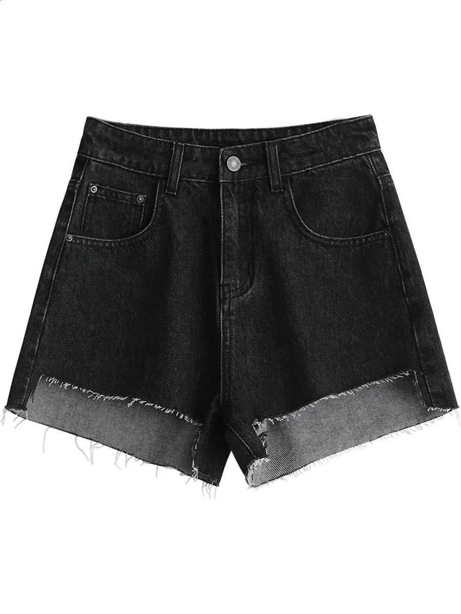 CHIC VEN Womens Shorts Black Solid High Waist Asymmetric Hem Womens Love Fur Edge Denim Shorts Summer 250418