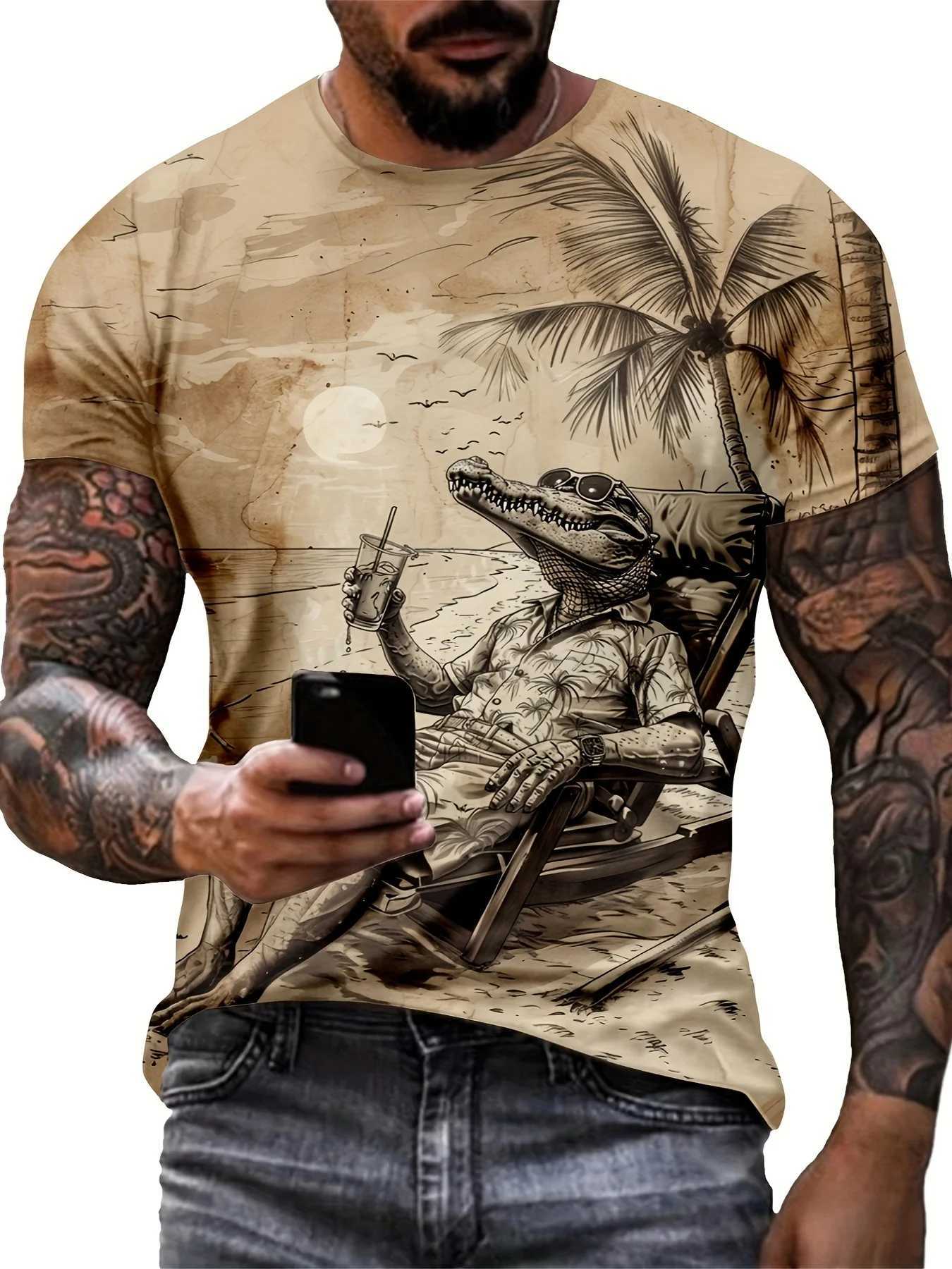 Mens crocodile pattern T-shirt short sleeved crew collar T-shirt mens summer outdoor sportswear casual T-shirt W250425