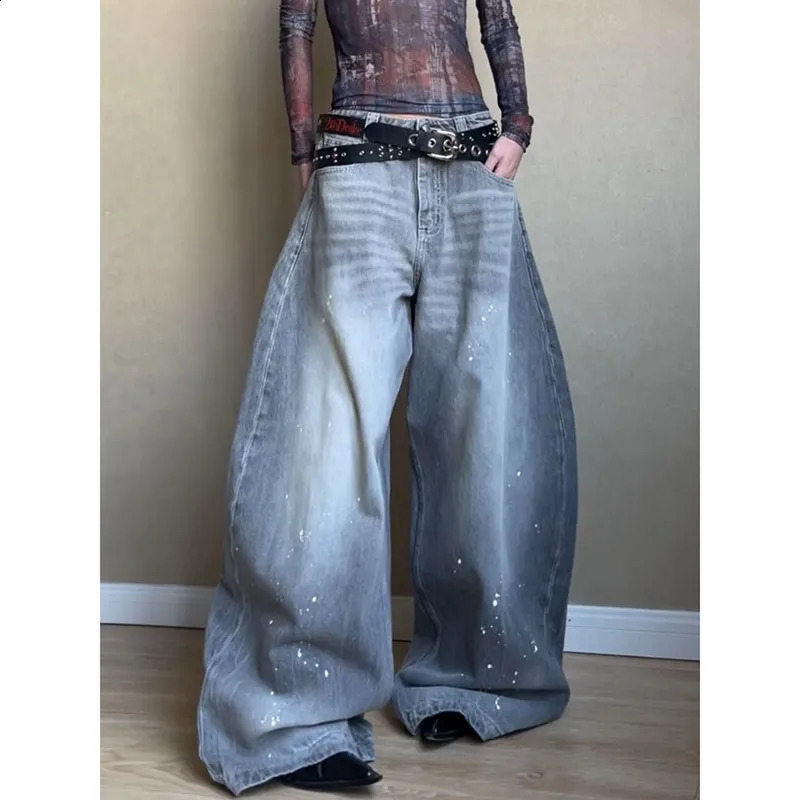 Grey womens jeans high waisted retro straight pocket streetwear American fashion casual wide leg 250417