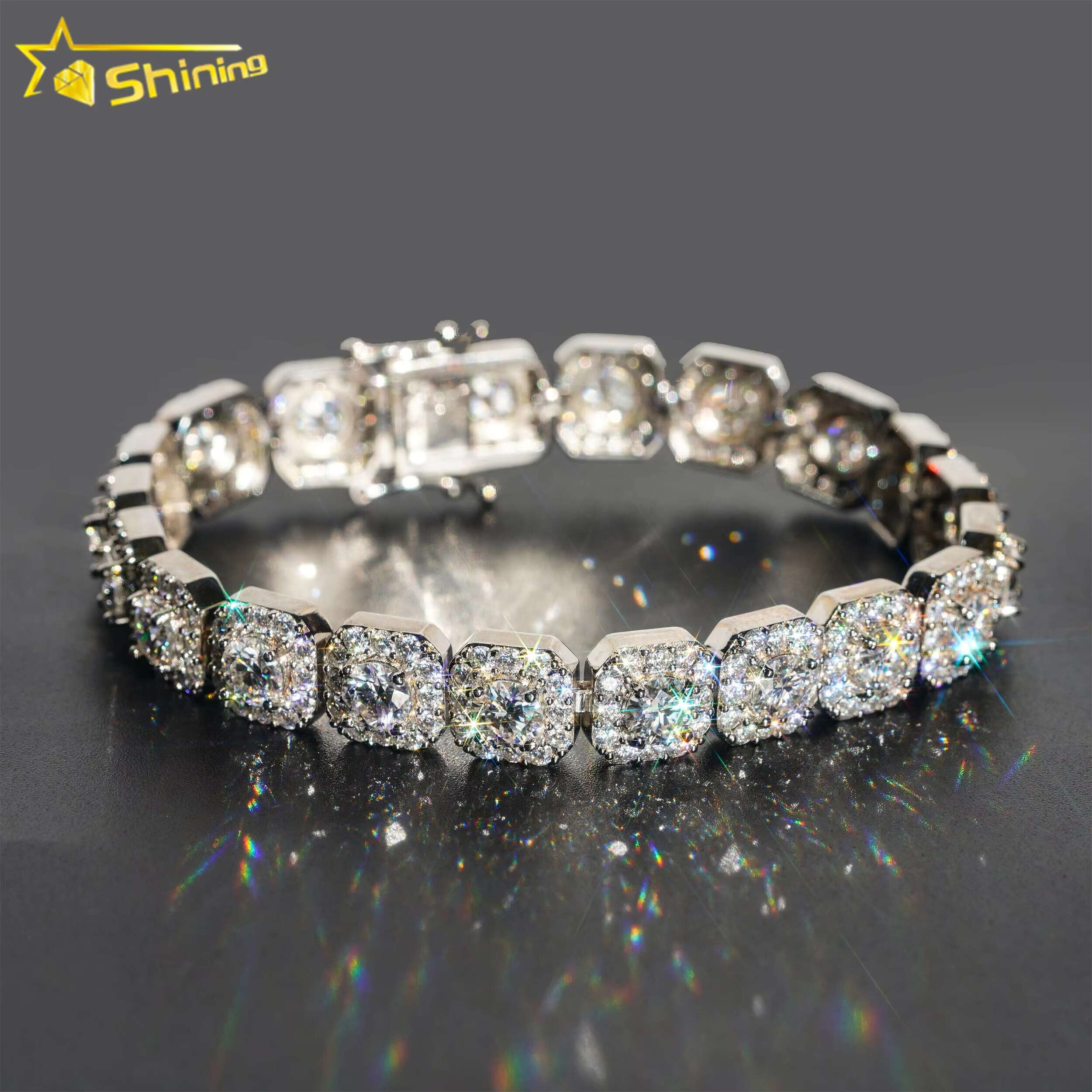 New Designs Luxury 925 Sterling Silver White Gold Plated Iced Out Hip Hop Fire Jewelry VVS Moissanite Cluster Tennis Bracelet
