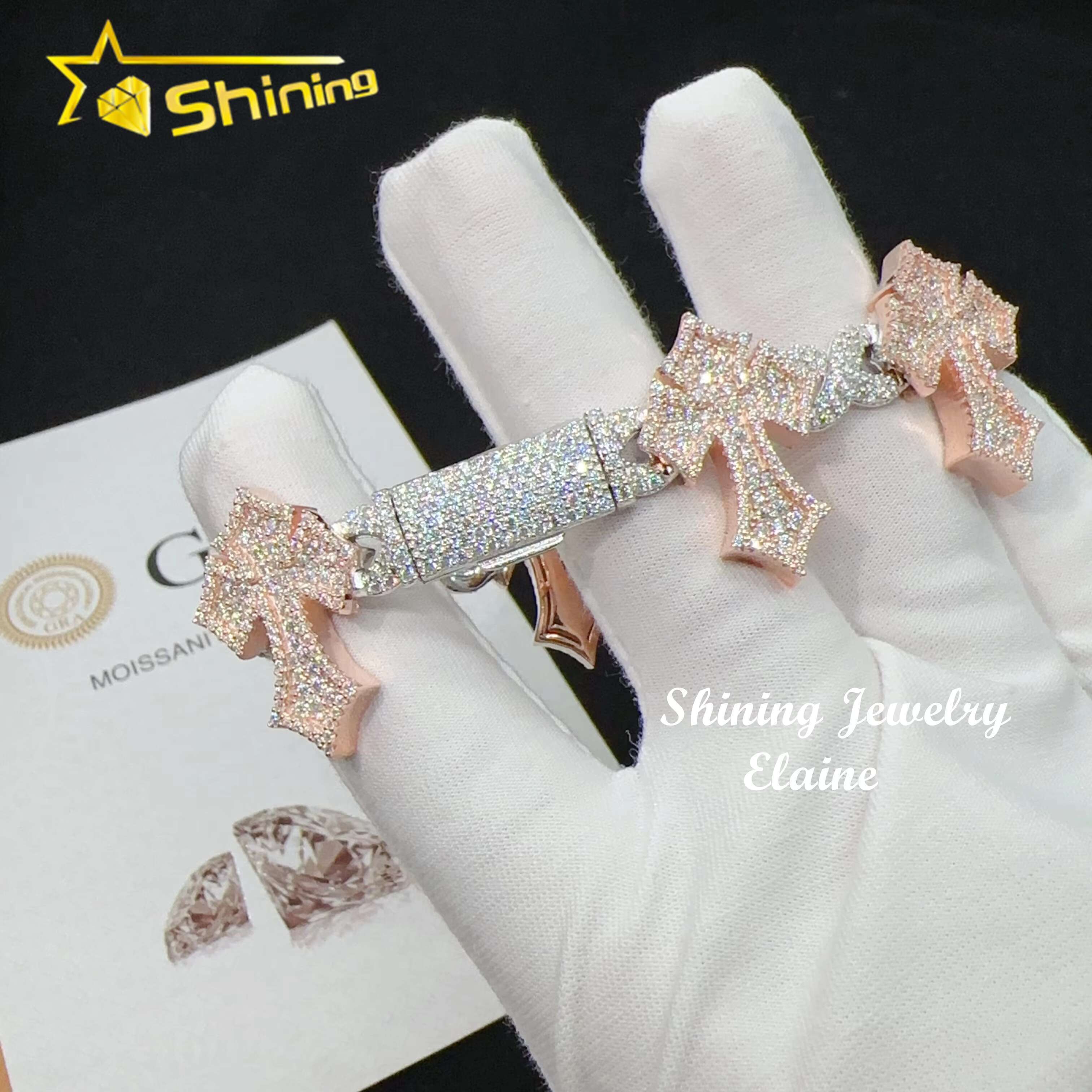 Fashion Jewelry Silver 925 Hip Hop Iced Out Men Bracelet VVS Moissanite Lab Diamond Jewelry Cross Cuban Link Bracelet