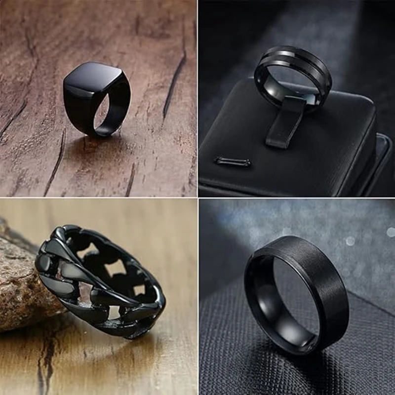 4Pcs Stainless Steel Black Signet Solid Biker Ring For Men Polished Matte Grooved Edges Cuban Link Band Rings Set Size 7-12 250425
