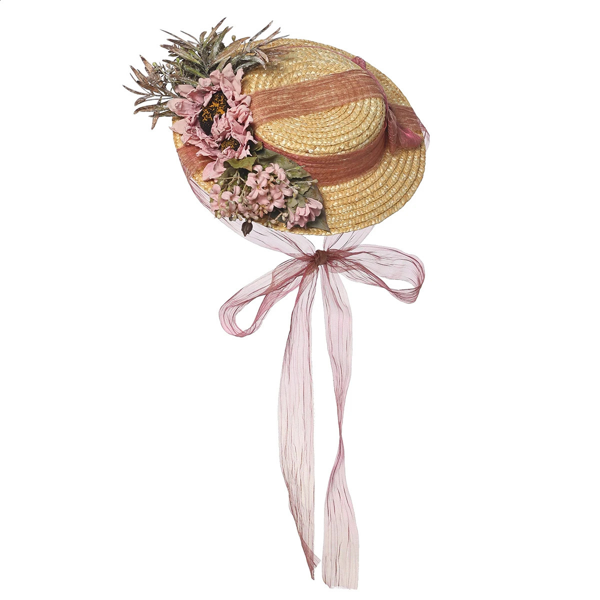 Handmade Women Flat Straw Hat Vintage Style Victorian Ribbon Bonnet Cap 250420