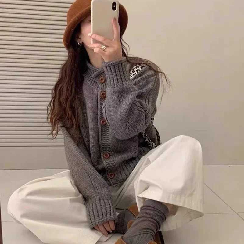 Zjaiss 2025 Autumn Winter New Loose Coats Korean Style Vintage Cardigan Women Casual Stand Collar Knitted SweaterT251125