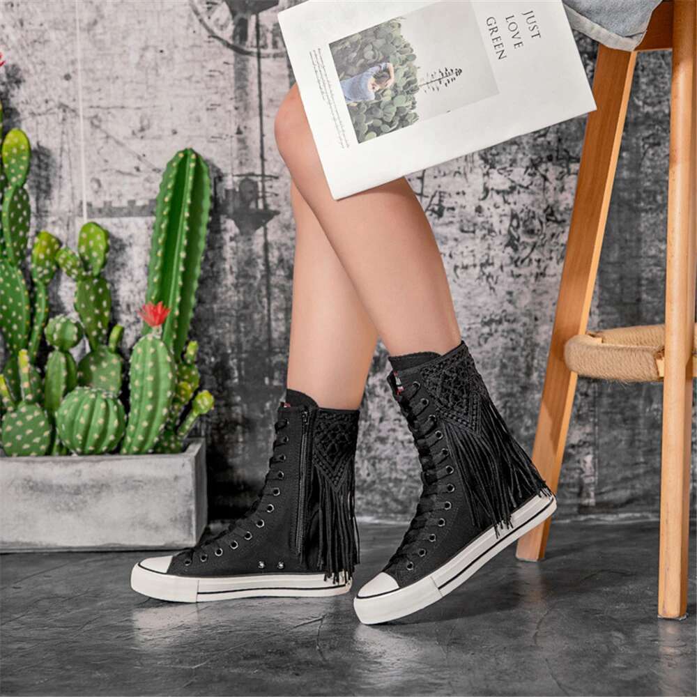 Spring medium-sized color lace-up side zipper tassel boots canvas shoes casual large size inner heightening women's shoe