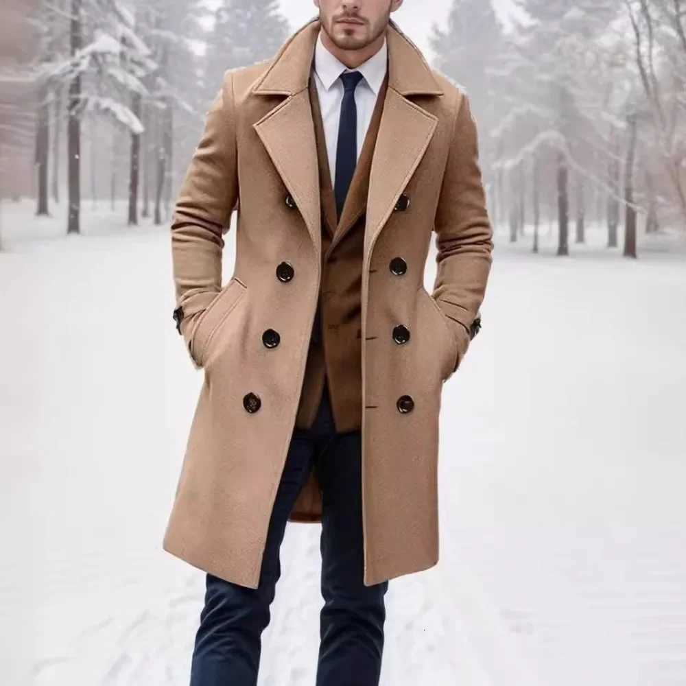 Men Wool Double Breasted Blends Turn Down Collar Jackets Long Sleeve Cardigan Coat High Street Pockets Loose Outerwear SolidT251125