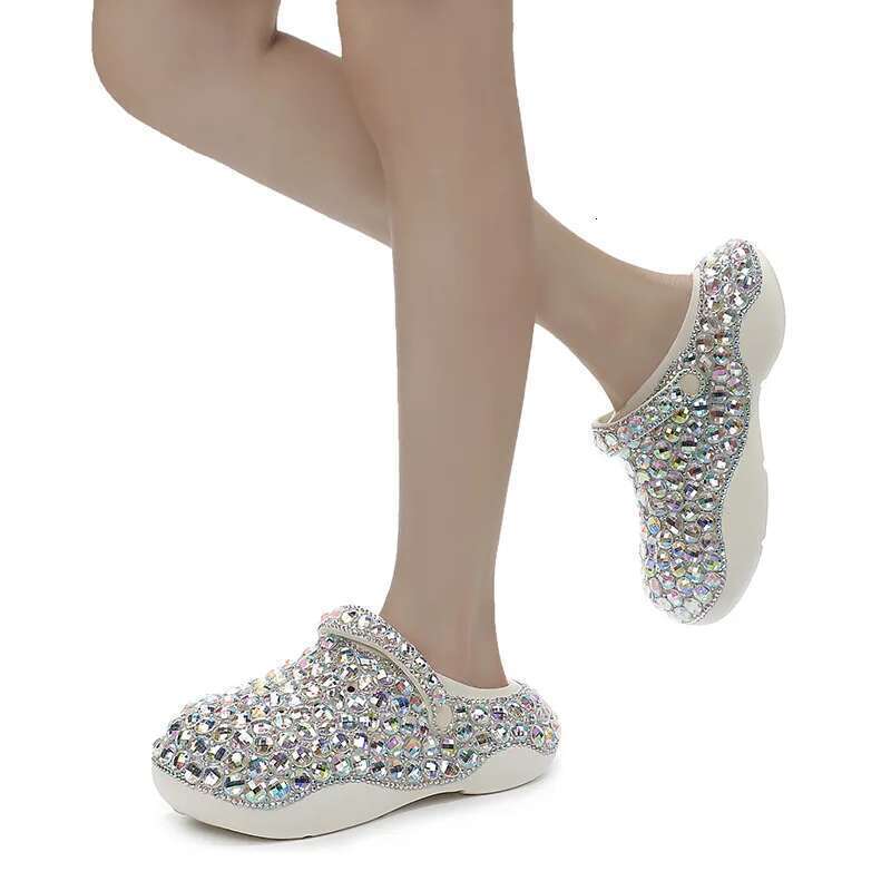 Summer new round toe bag head rhinestone one-line belt thick-sole casual hole shoes daily versatile large-size flat women sandal