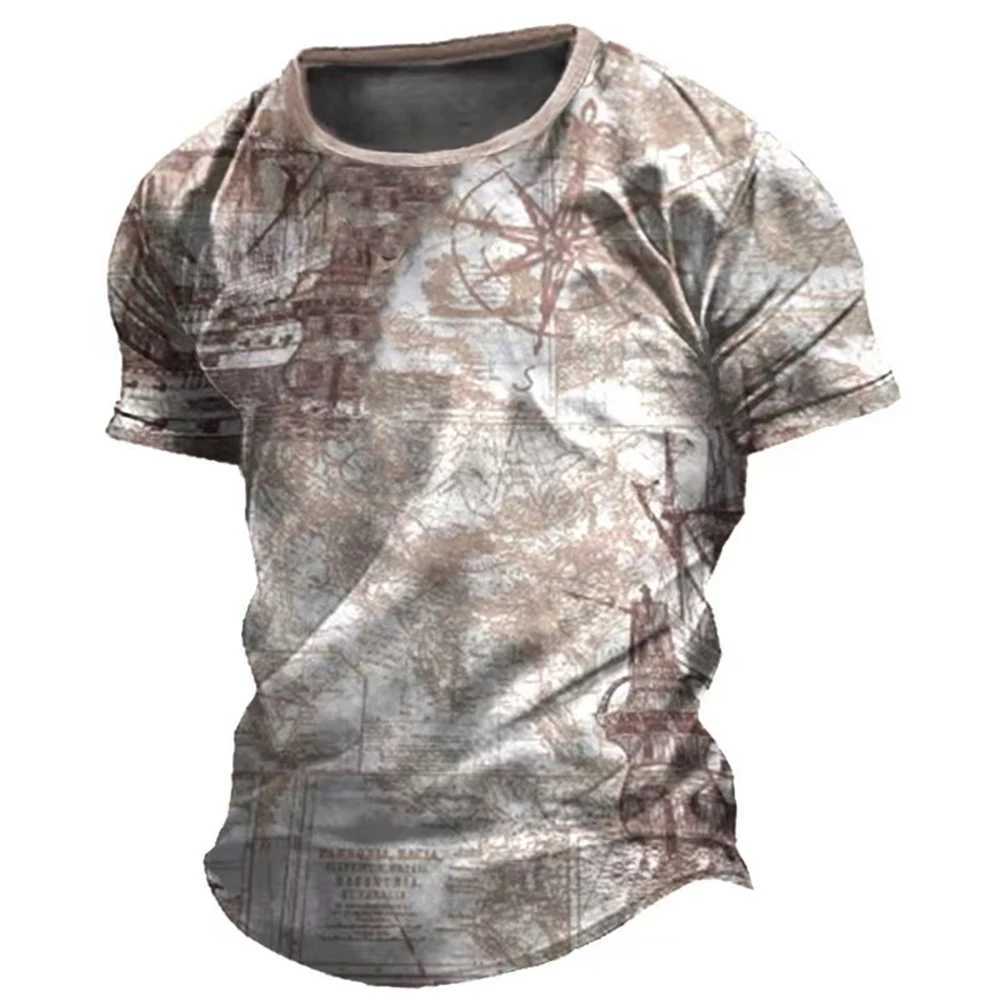 Retro mens T-shirt summer American shirt top compass print short sleeved T-shirt loose mens daily clothing casual streetwear W250425