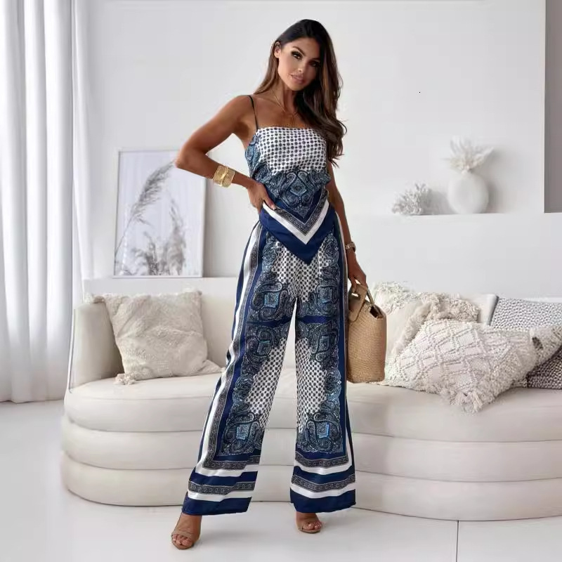 2024 New Fashion Printed Strap Wrap Chest+Positioning Flower Pants Set for Womens Wear