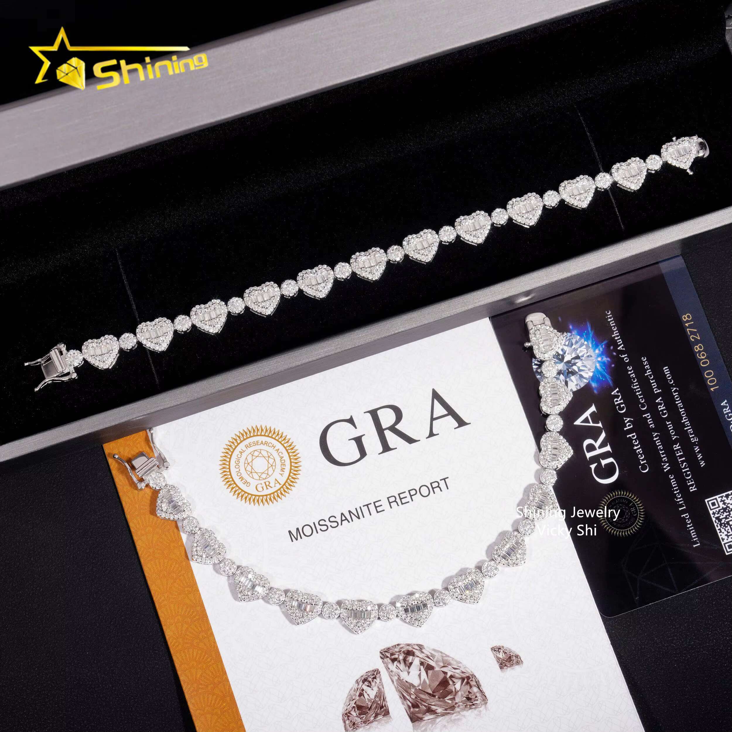 New Iced Out 925 Sterling Silver Heart Shape Moissanite Bracelet Trendy Men Hip Hop Jewelry Moissanite Cuban Link Chain