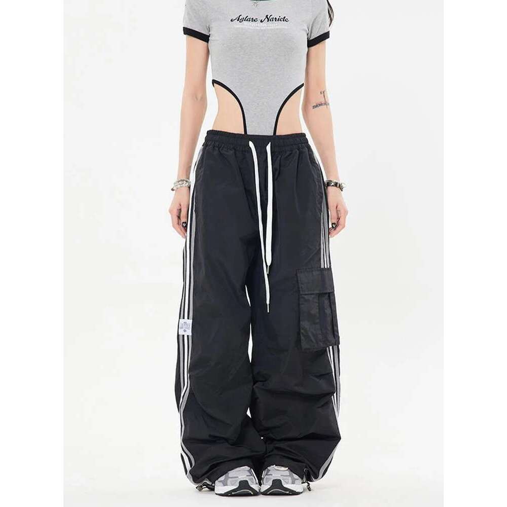 Y2k Kpop Cargo Pant Women Drawstring Pockets Wide Leg Chic Punk Pants Baggy Striped Sports Sweatpants Parachute Jogger Trousers