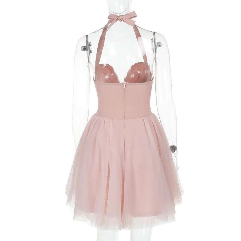 Dongdumaoyi Townlike Waist Wrap A Line Dress Women Halter Mini Spring Summer Mesh Patchwork Nightclub Sexy Party Dresses