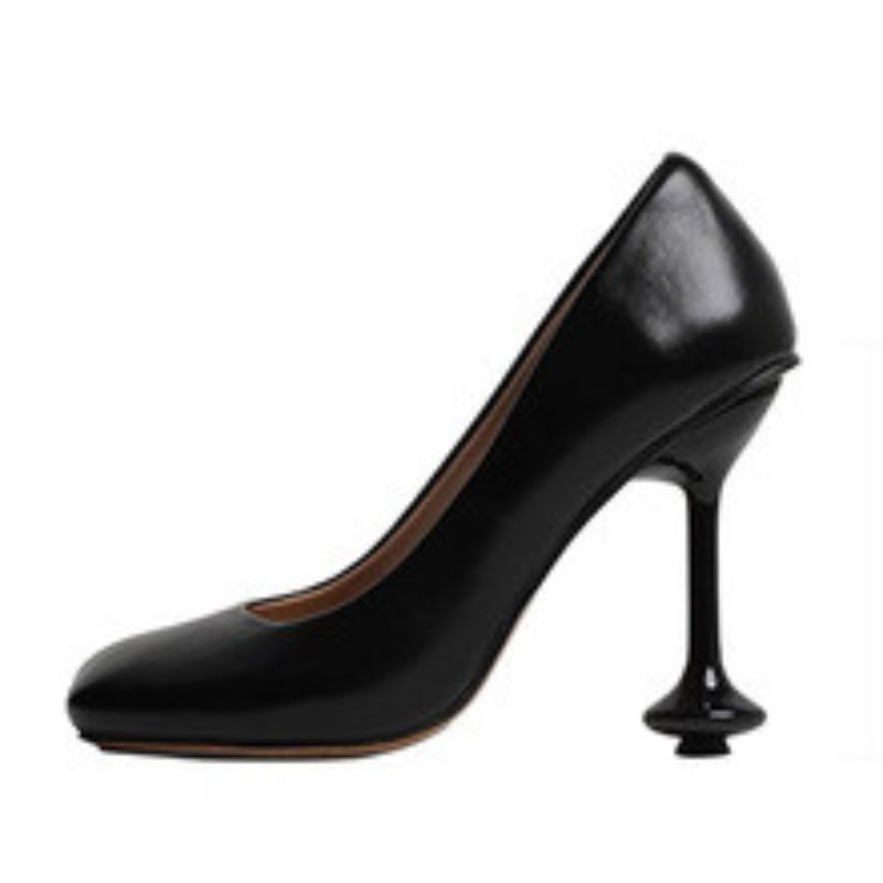 Women's Black Square Toe Patent Leather Stiletto Heels, Unique Decorative Heel Elegant Office & Evening Dress Shoes--168-5