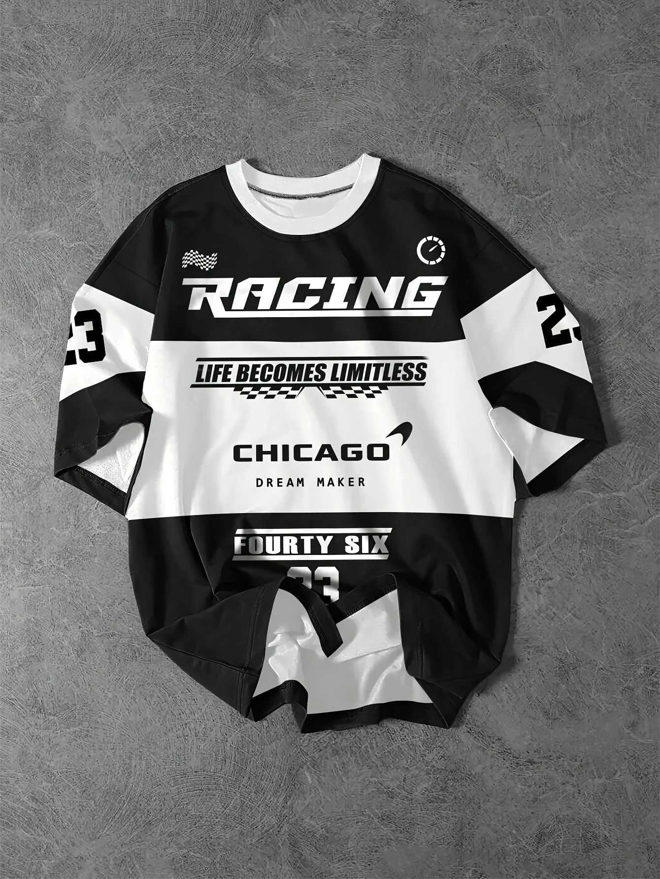 Mens racing themed plain flag pattern letter printed T-shirt round neck short sleeved T-shirt summer outdoor fashion W250425