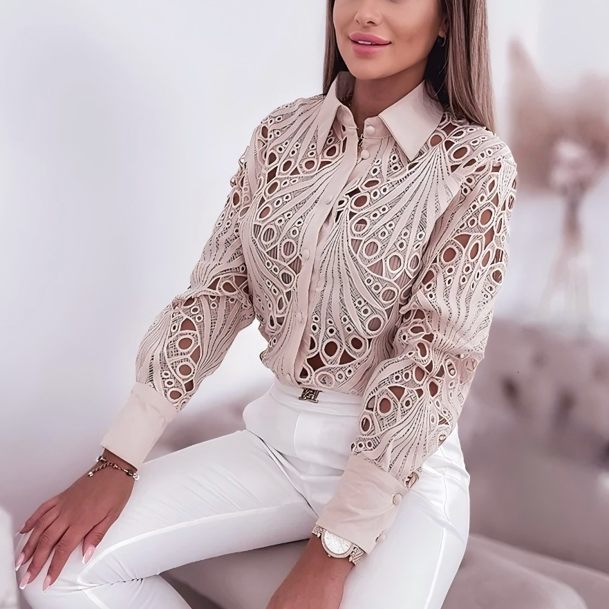 2024 Spring and Autumn Versatile Commuting Fashion Lace Hollow Long Sleeve Shirt for Women