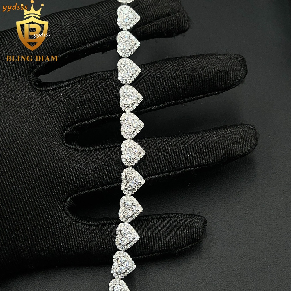 Fashion Jewelry 925 Sterling Silver VVS Moissanite Heart Shape Cuban Tennis Chain 8mm Necklace Bracelet