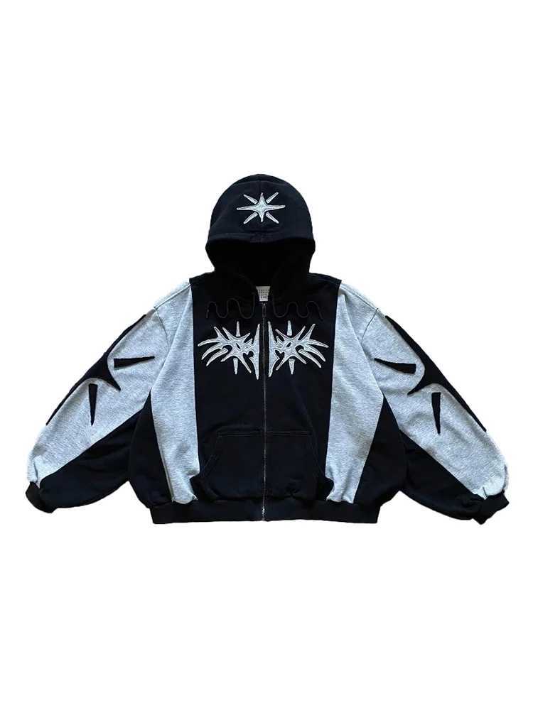 Y2K embroidery design loose zipper mens hooded sweatshirt geometric pattern womens sportswear Gothic street clothing oversized casual mens style w2504