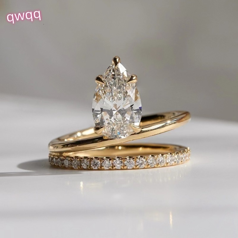 Fine Jewelry 1CT Pear with halo Moissanite Diamonds Wedding Ring and Band 18K White Gold Moissanite Rings Set