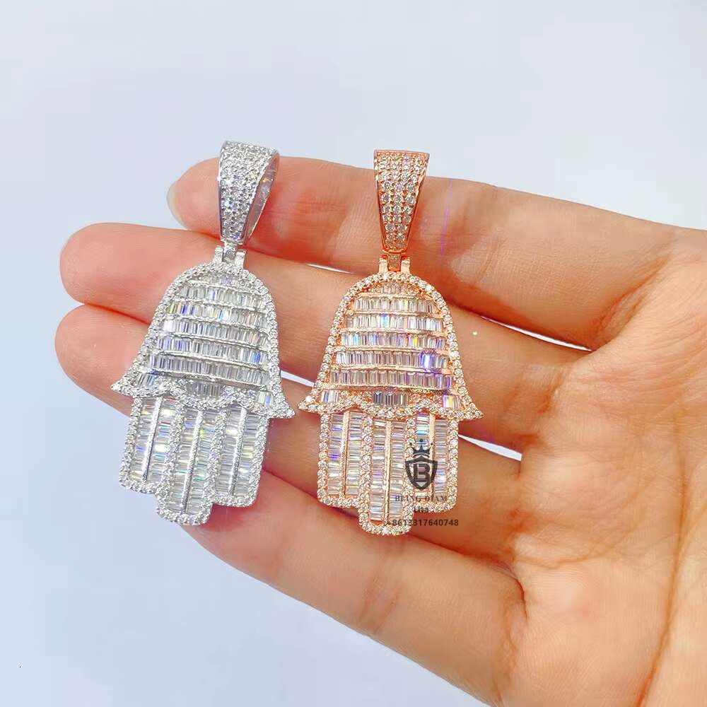 Hot Sale Bling Iced Out Hamsa Hand Pendant Sterling Silver Moissanite 925 Silver Pendant