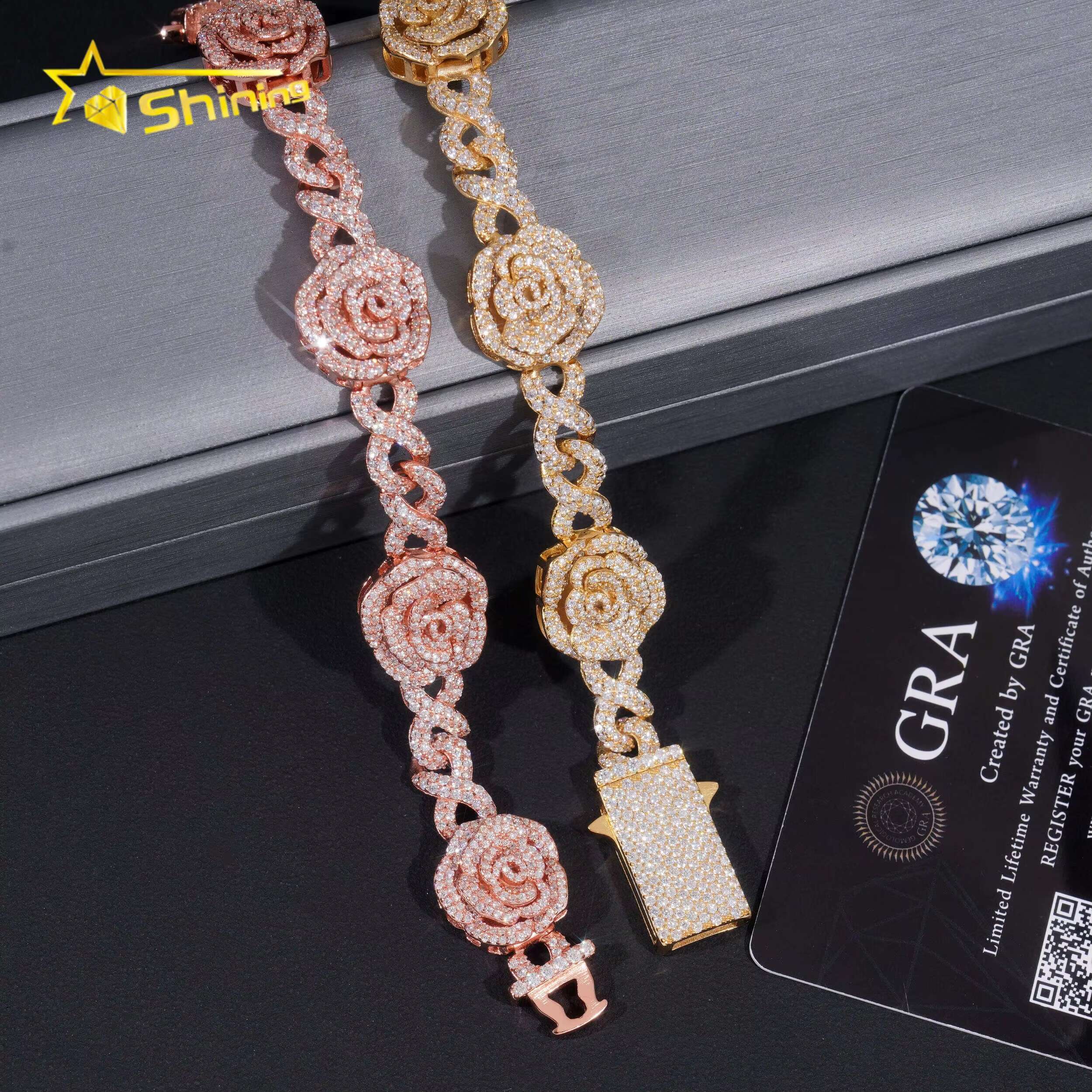 Romantic Rose 3D Gold Plated Iced Out 16mm 925 Sterling Silver Hip Hop Infinity Link Bracelet