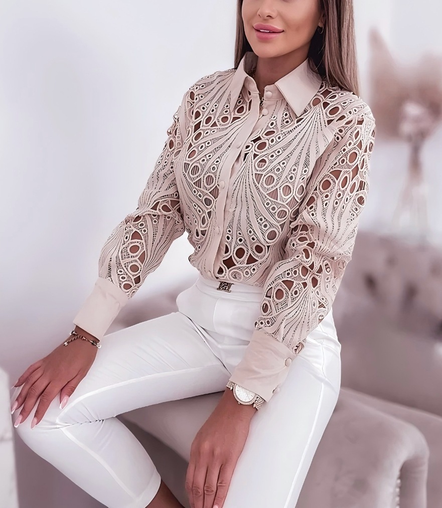 2024 Spring and Autumn Versatile Commuting Fashion Lace Hollow Long Sleeve Shirt for Women