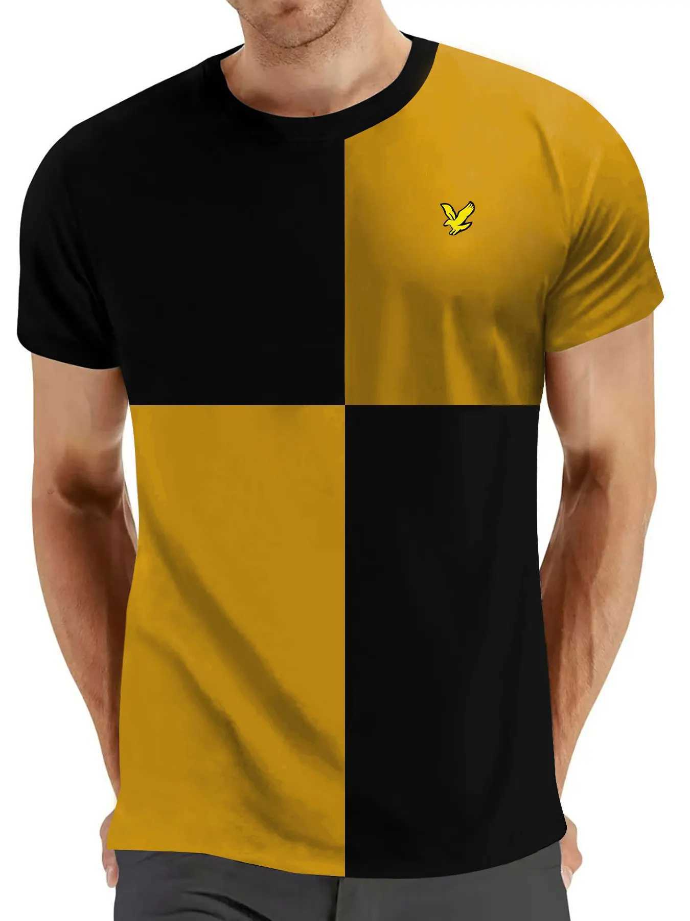 2025 Mens Leisure City Polyester SS25 T-shirt Loose Breathable Short Sleeve Round Neck Grid Large Eagle Pattern Trend W250425