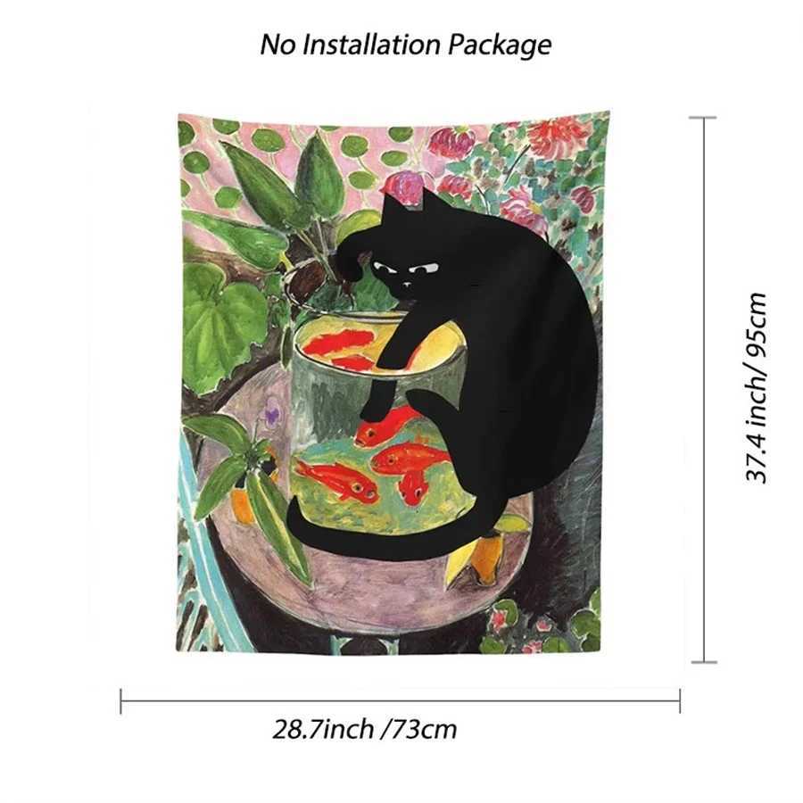 1pc CURIOUS KITTY Tapestry Wall Hanging Cat Goldfish Aesthetic Room Decor Tropical Plants Art Painting Print Dorm Bedroom GiftM251125