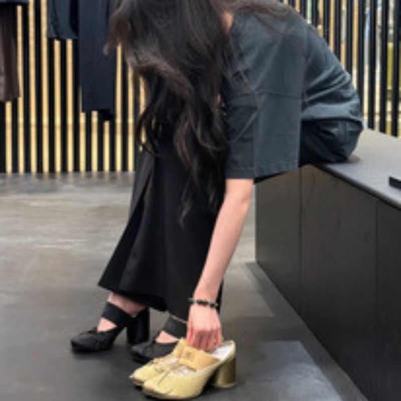 Women's Black Satin Square Toe Bow Mary Jane Block Heel Shoes, Casual Daily Commute Footwear---168-6