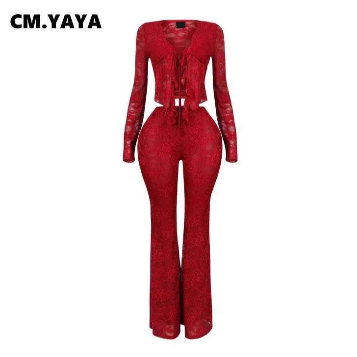 Cm.Yaya 2025 Women's Set Sleeve Lace See Through Shirt + Long Pants Street Evening Sexy Two 2Piece Sets Outfits Tracksuit