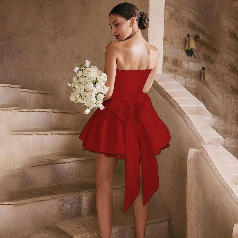Dongdumaoyi Townlike Bow Waist Wrap A Line Dress Women Strapless Mini Summer Elegant Double Layer Sexy Party Dresses With Lining